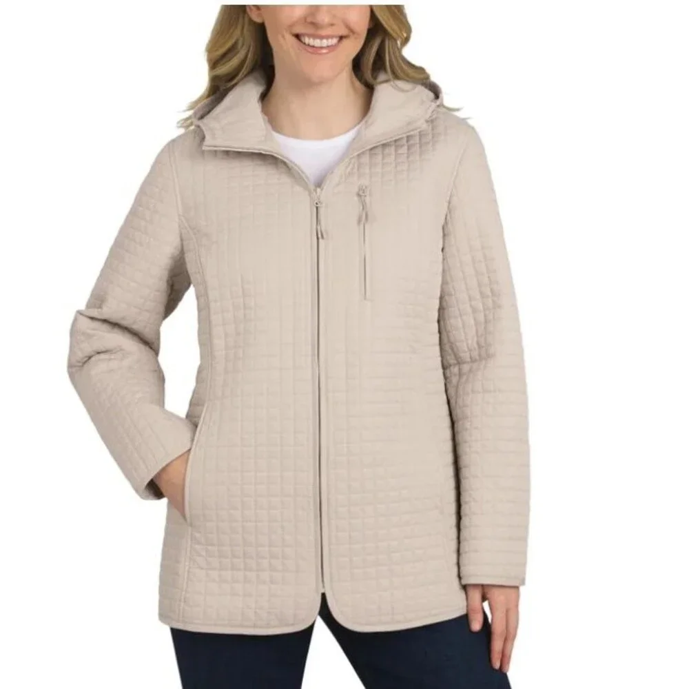 Lands' End Lightweight Hooded Quilted Jacket Tan Women's Size Large full Zip NEW